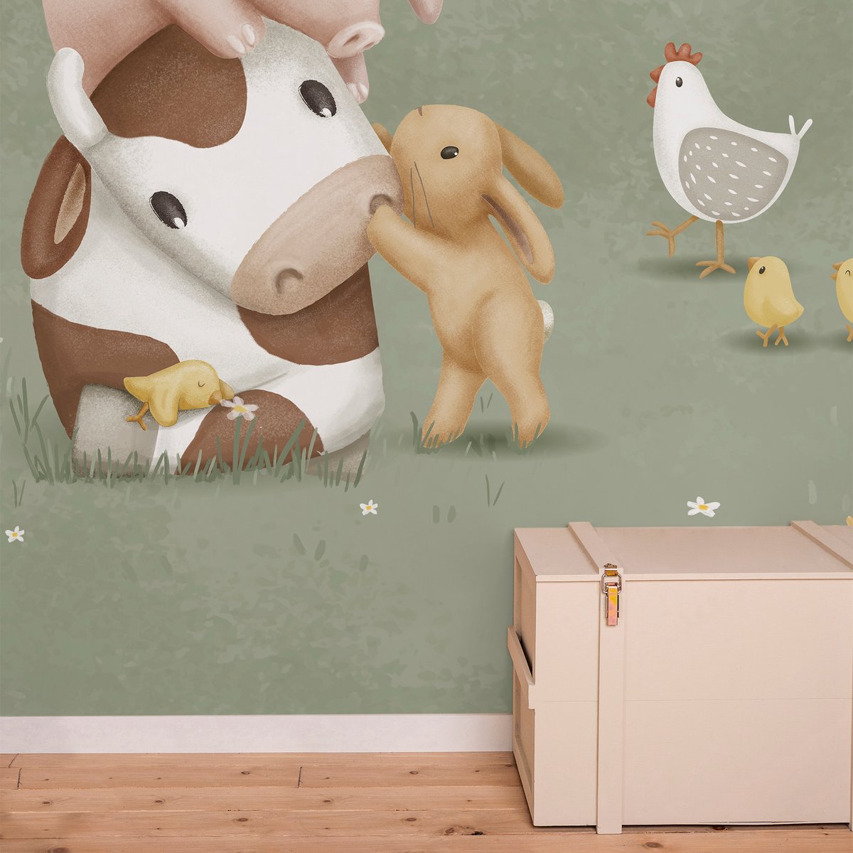 Papier peint panoramique pour enfant Animaux de la ferme coloris pastel, LITTLE DUTCH