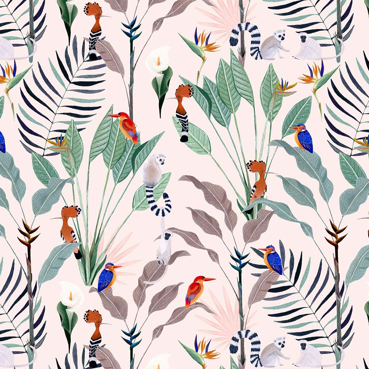 Papier peint oiseaux et lémuriens intissé, HEXOA