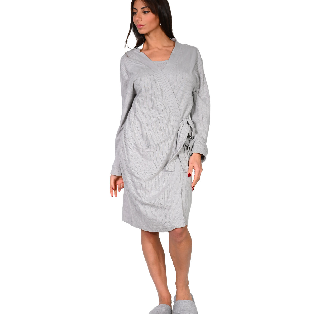 Peignoir kimono femme en maille coton NINA gris cendré, SENSEI MAISON