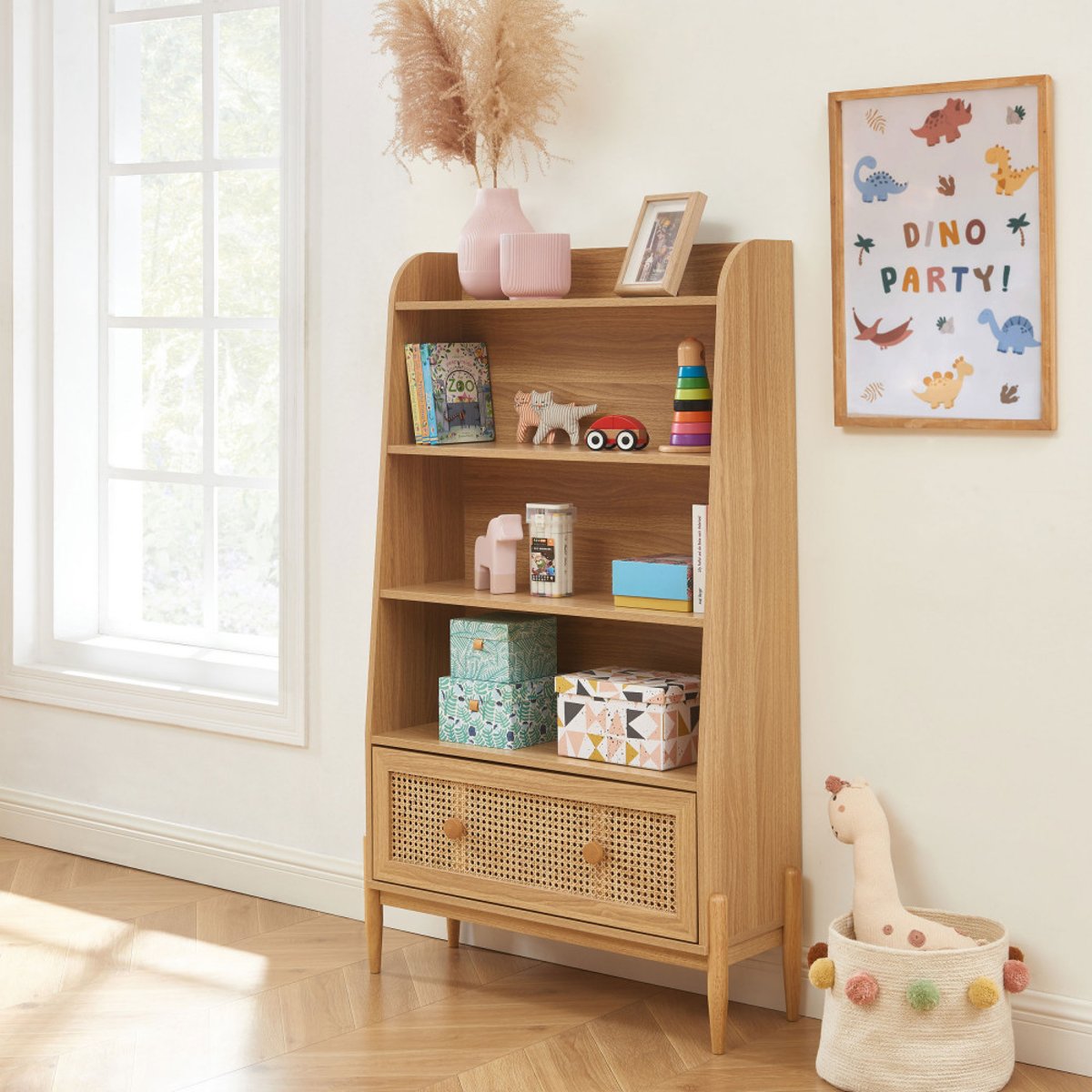 Bibliothèque enfant en bois et cannage H140cm- LILOU bois clair, DRAWER