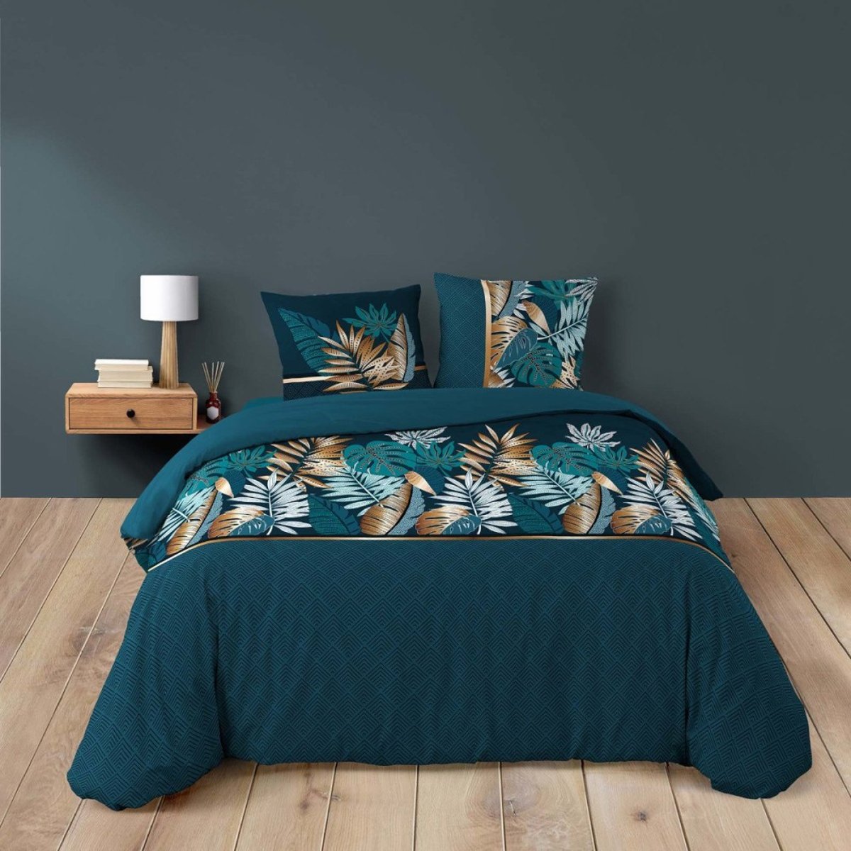 Housse De Couette 240x220 + 2 Taies Alianor 100% Coton bleu, DECORATIE
