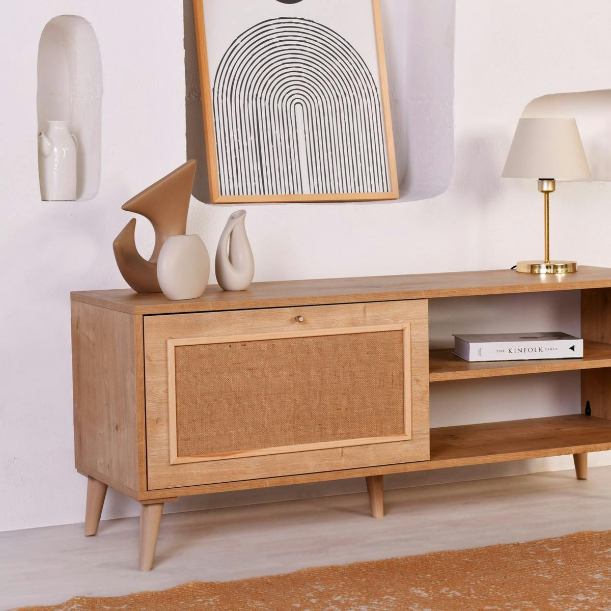 Meuble TV bohème avec porte tissu toile jute MARFA bois naturel, PIER IMPORT