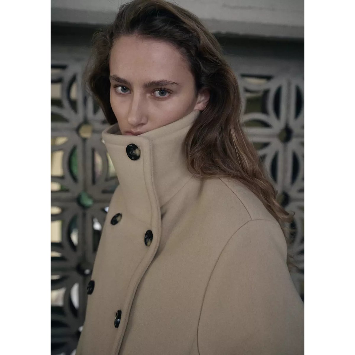 Manteau laine mélangée col cheminée vanille, MANGO