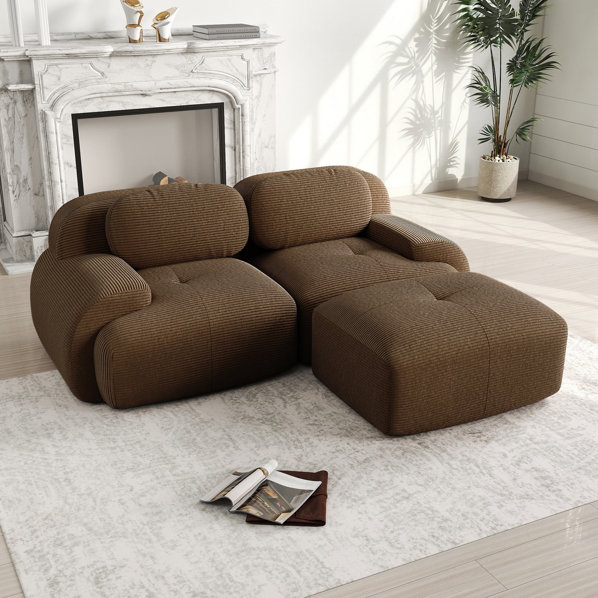 Canapé d'angle réversible 2 places avec pouf en velours côtelé, SNOW marron, MEUBLES COSY