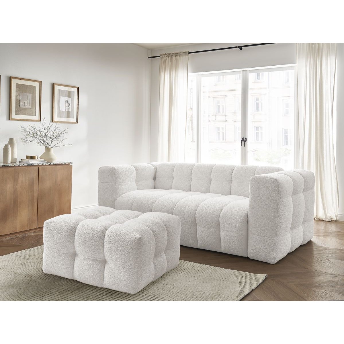 Canapé lit 3 places en tissu bouclette, CLOUD blanc, BOBOCHIC