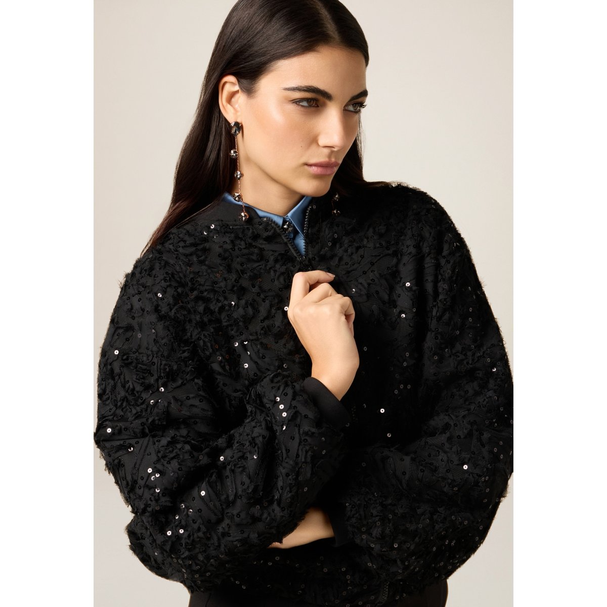 Bomber en tulle et paillettes noir, OLTRE