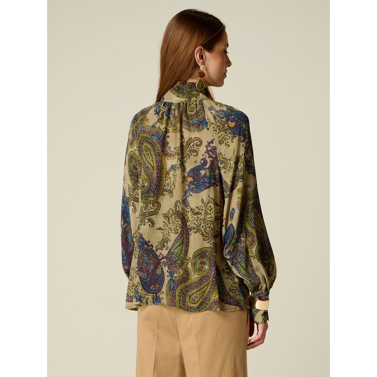 Blouse à motif avec nœud à nouer vert, OLTRE