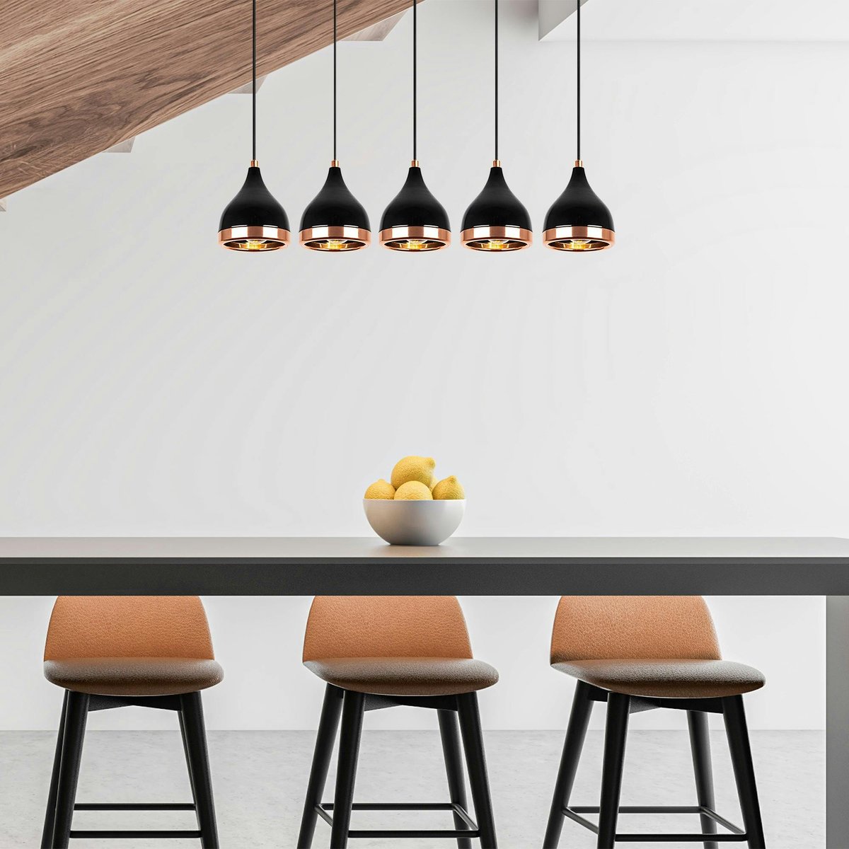 Suspension cuisine noire & cuivre, 5 abat-jour SILE noir, PIER IMPORT