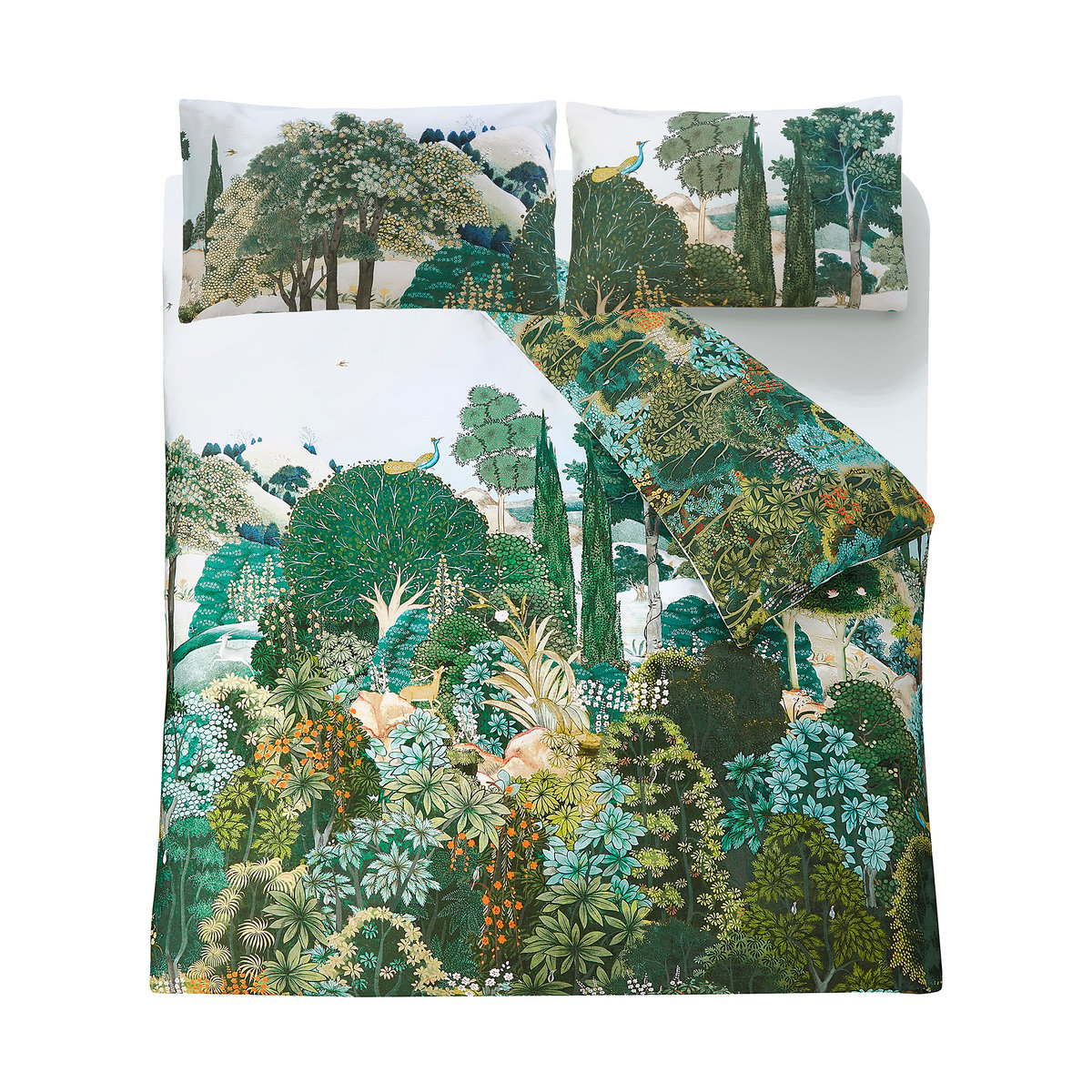 Parure de lit fleurie Buissons New Eden, housse de couette + 2 taies pour lit en 140 vert, corail, turquoise, GRAHAM ET BROWN