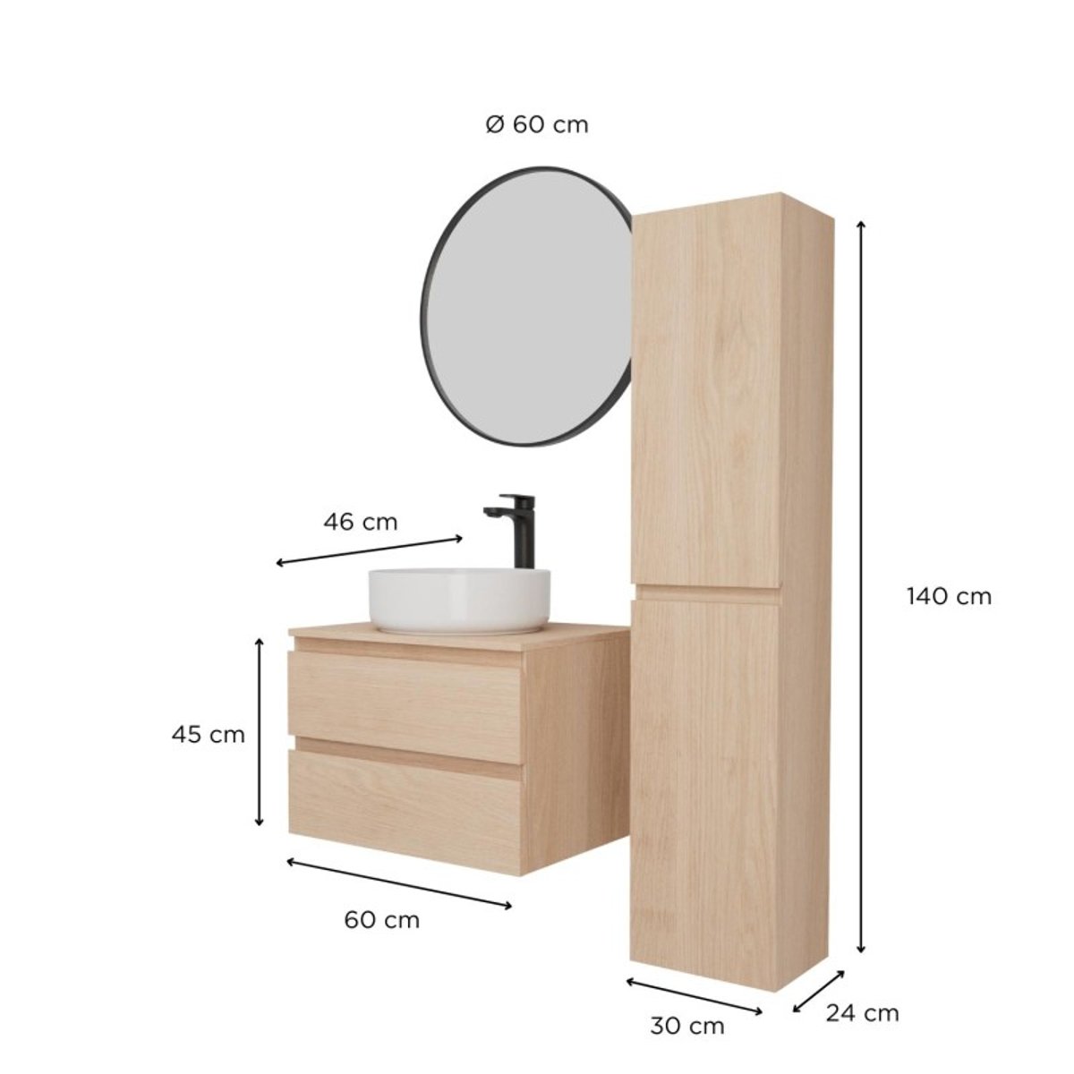 Ensemble meuble simple vasque 60 cm + vasque + robinet + miroir + colonne SORRENTO chêne, MOB IN