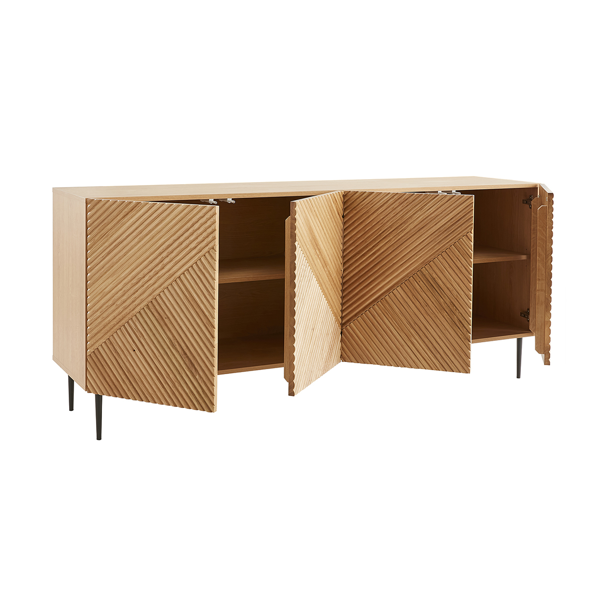 Buffet design en bois chêne massif gravé et métal noir 4 portes L180 cm ARCHIPEL chêne clair, MILIBOO