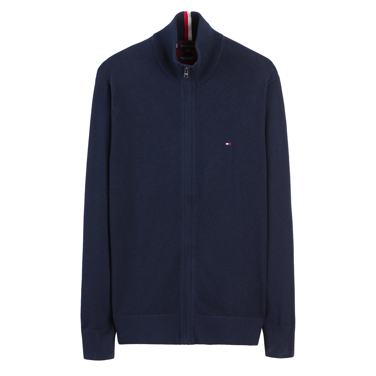 Gilet zippé, col montant en coton et cachemire bleu marine, TOMMY HILFIGER