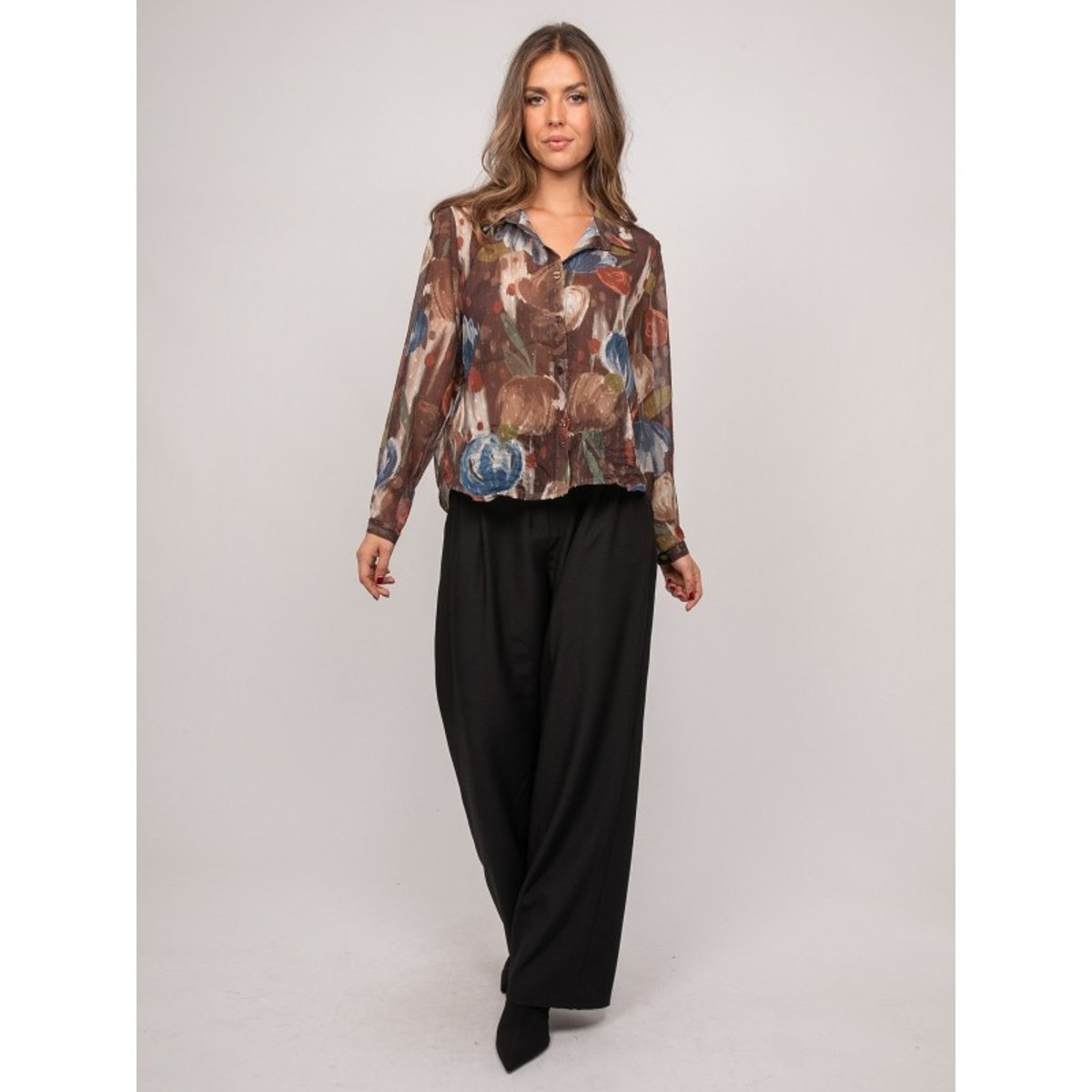 Chemise Transparente Motif Floral Oxelia marron, DONA LISA