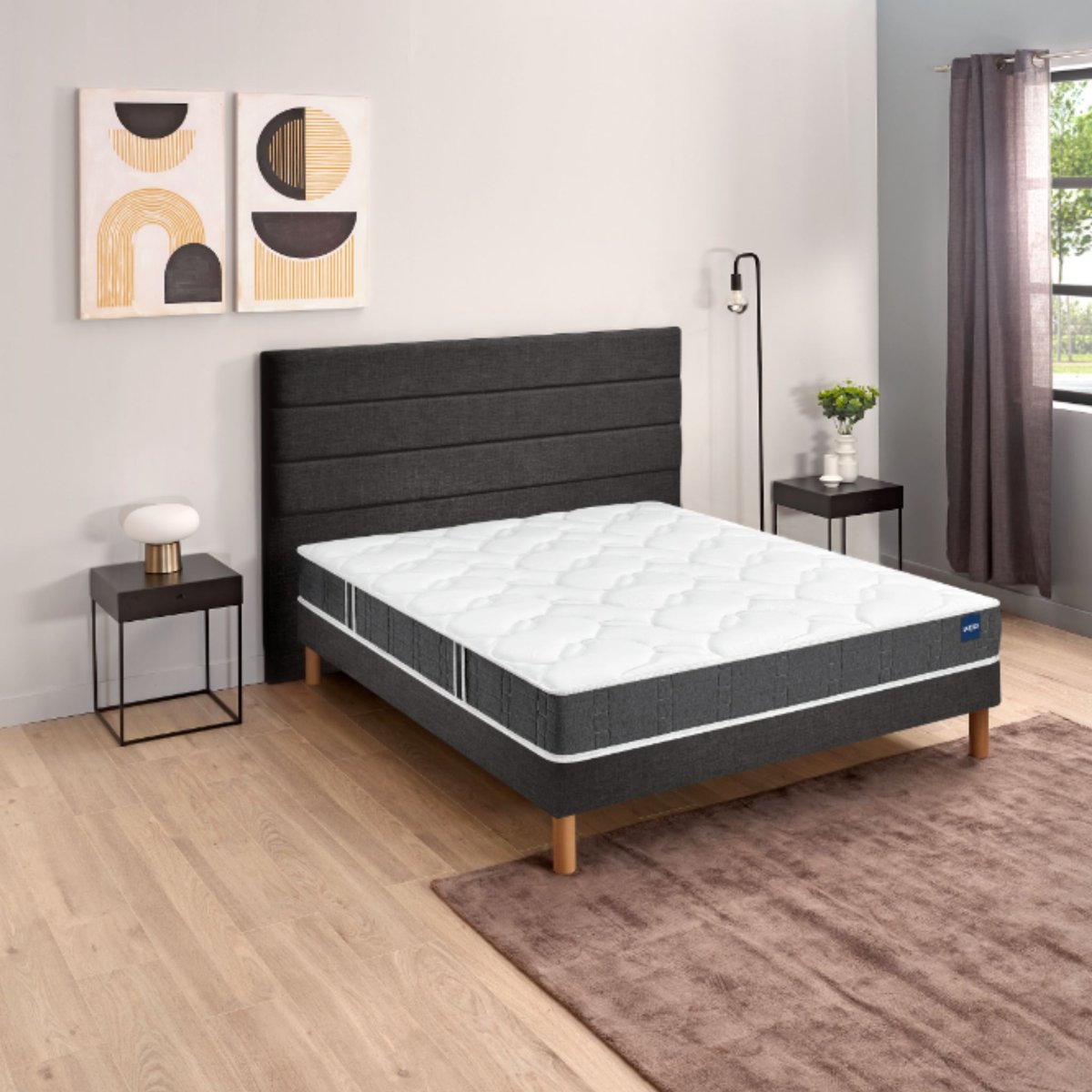 Ensemble matelas nano et mousse bodysoft ESSENTIAL, sommier Vigoroso gris fumé et pieds blanc, BULTEX