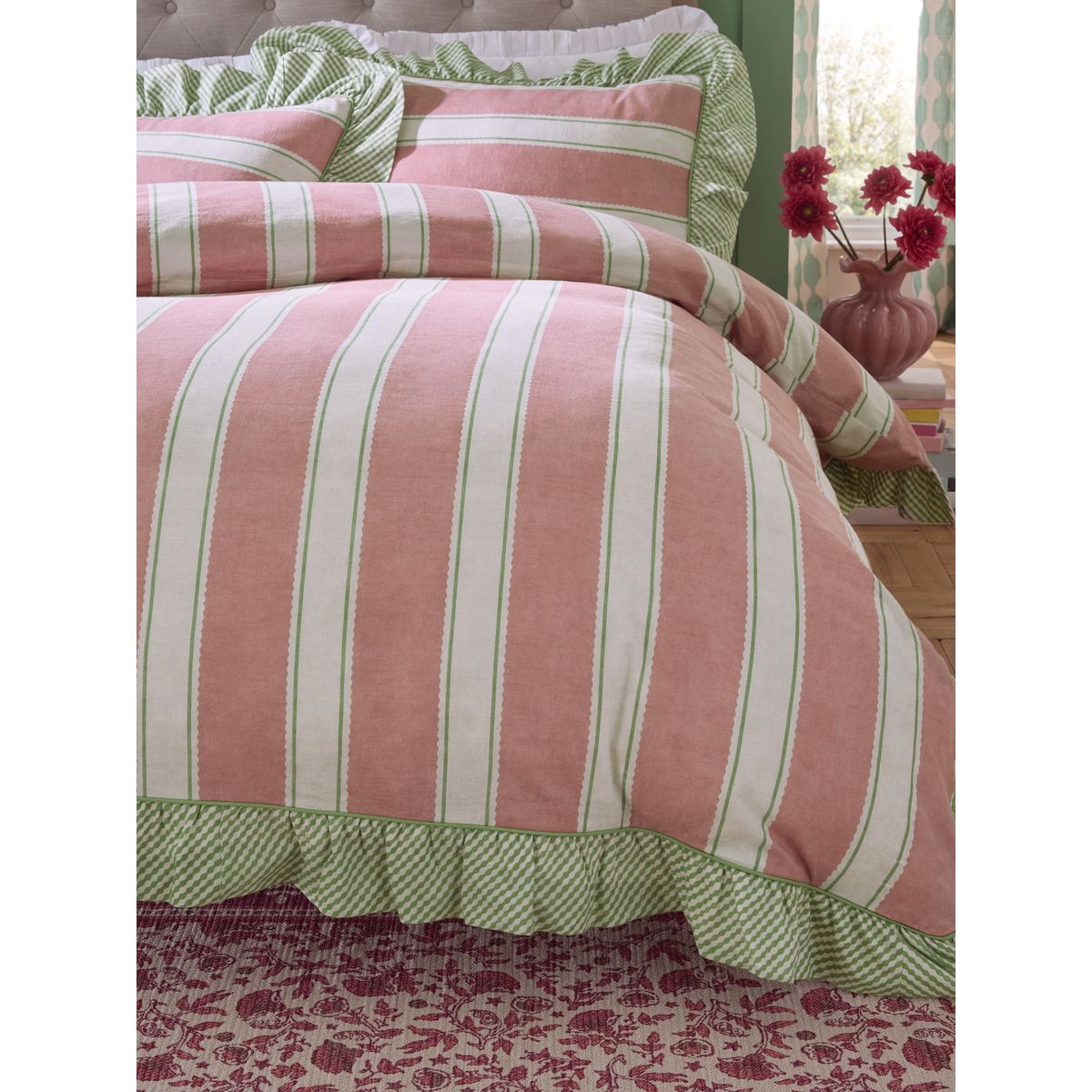 Housse de couette + taie d’oreiller à volants rose à rayures, NEXT
