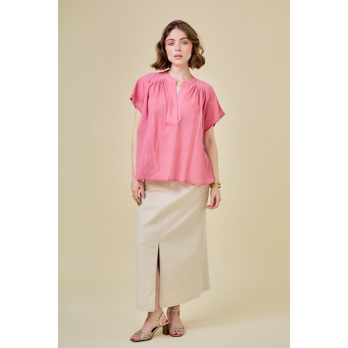 V-Neck Short Sleeve Blouse pink, SEE U SOON