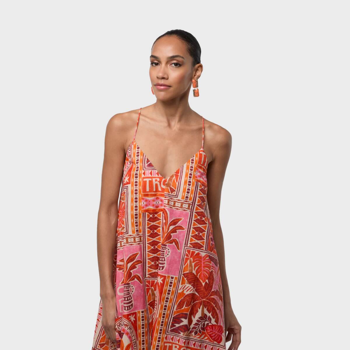 Robe longue imprimée à fines bretelles et coupe fluide corail, LOLA CASADEMUNT