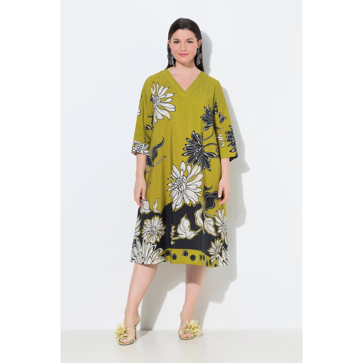 Robe midi en Lyocell, motif floral vert moutarde, ULLA POPKEN