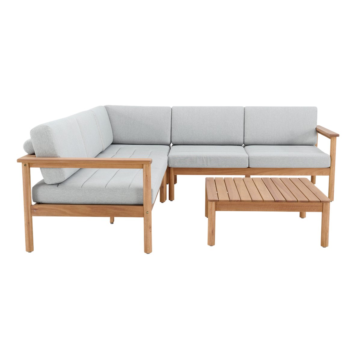 Salon de jardin 5 places, angle, bois, ROMA bois clair, coussin gris, DEFORA HOME