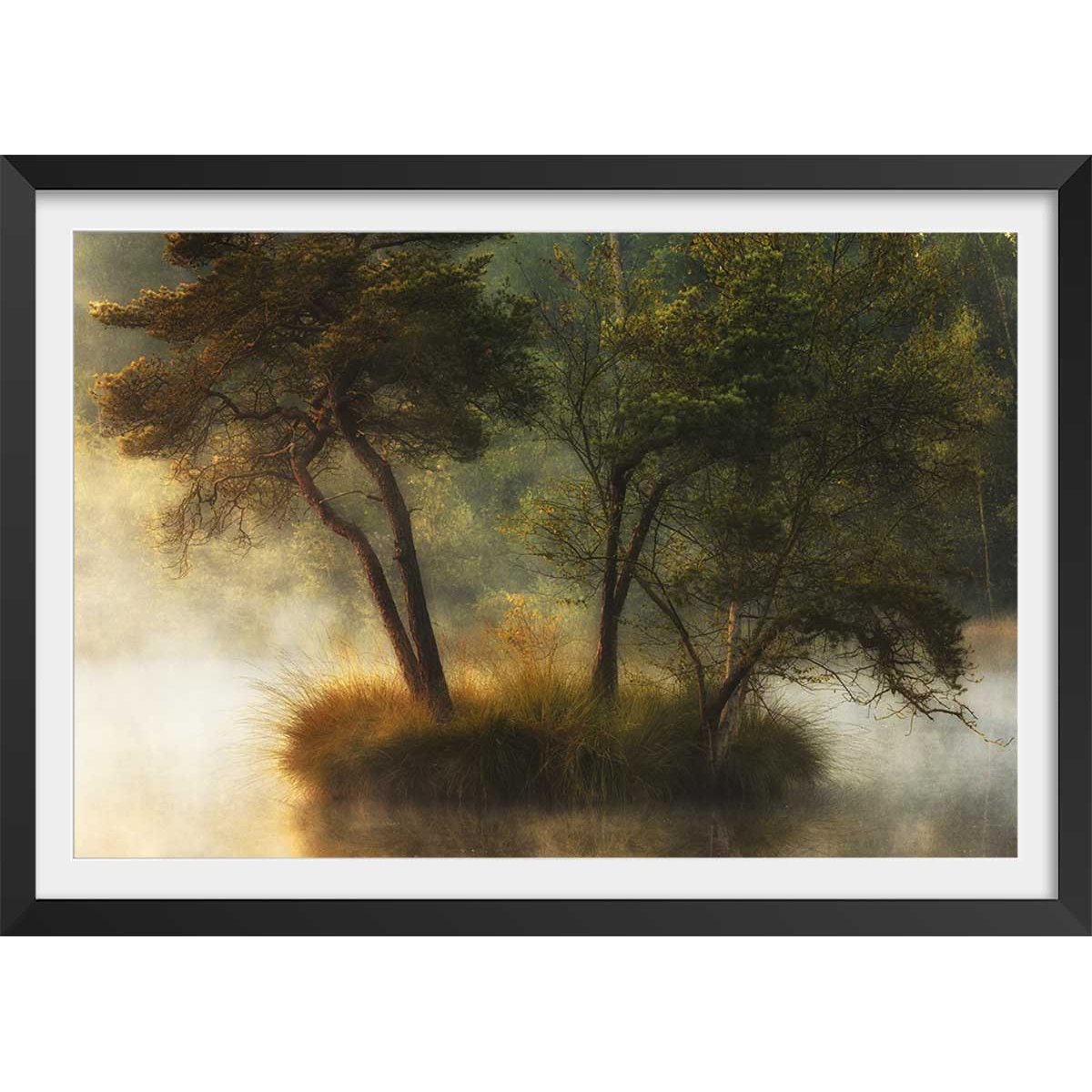 Affiche Ilôt et lac en automne affiche + cadre en bois - noir, HEXOA