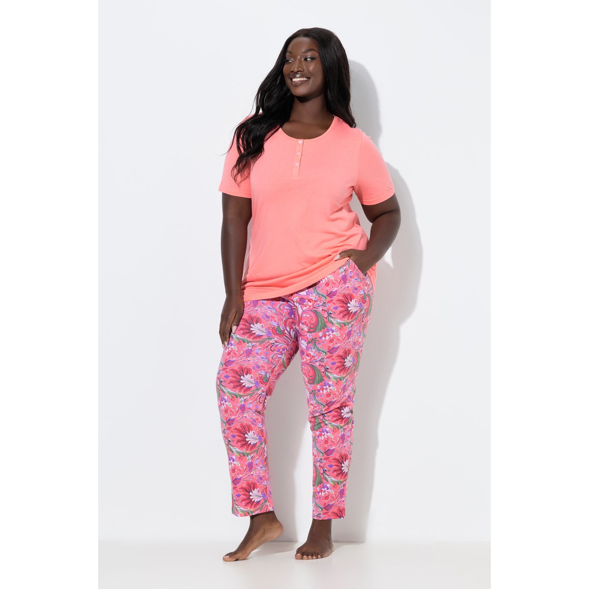 Pyjama 2 pièces à fleurs rose pêche, ULLA POPKEN
