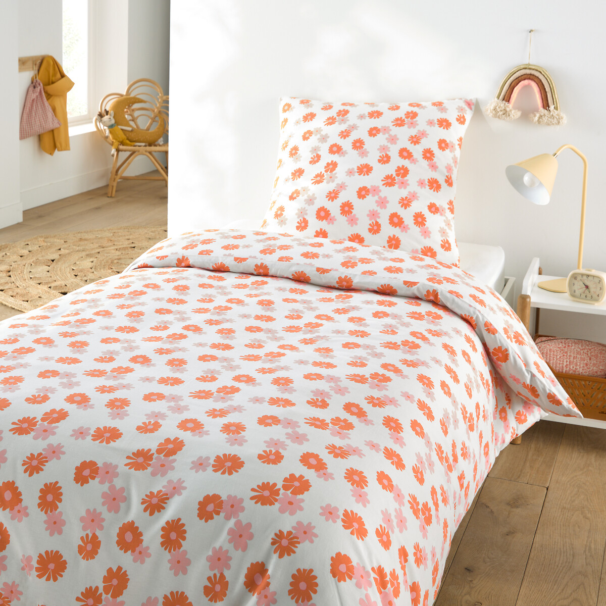 Parure de lit enfant 50% coton recyclé, taie carrée, MARGUERITES orange/rose, LA REDOUTE INTERIEURS