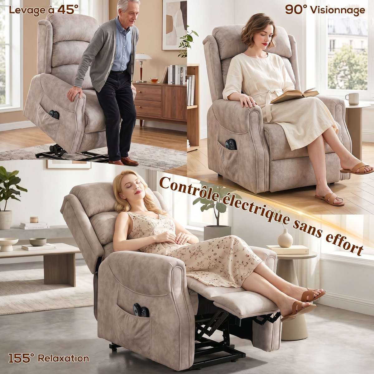 Fauteuil releveur multifonctionnel Velours beige, HOMCOM
