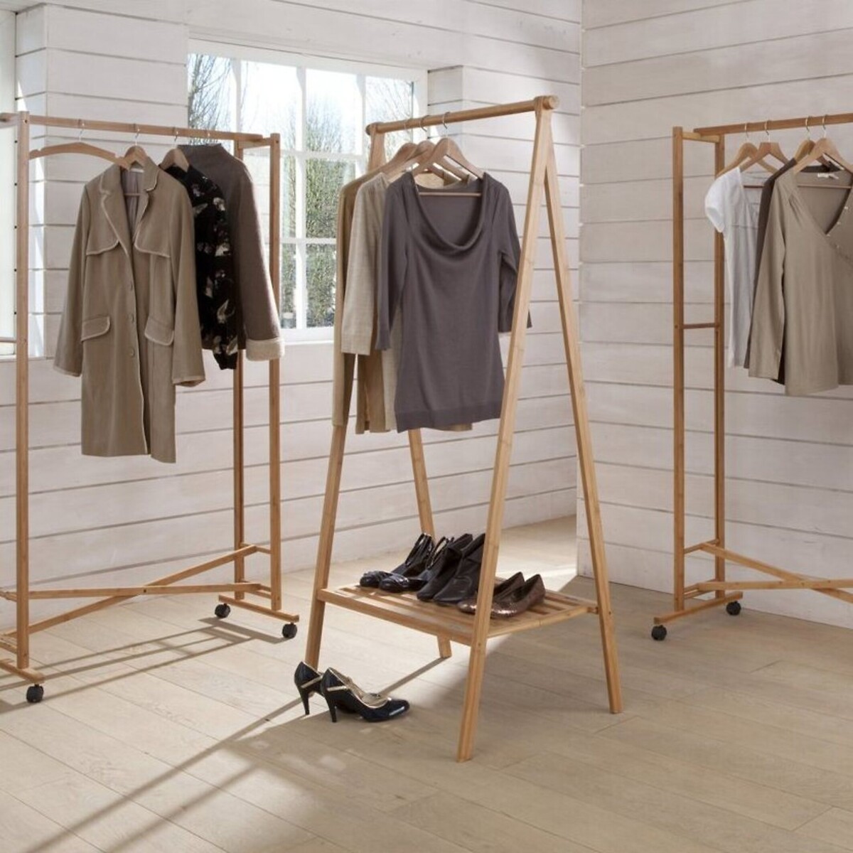 Portant pliable avec étagère, bambou bois clair naturel, SO'HOME