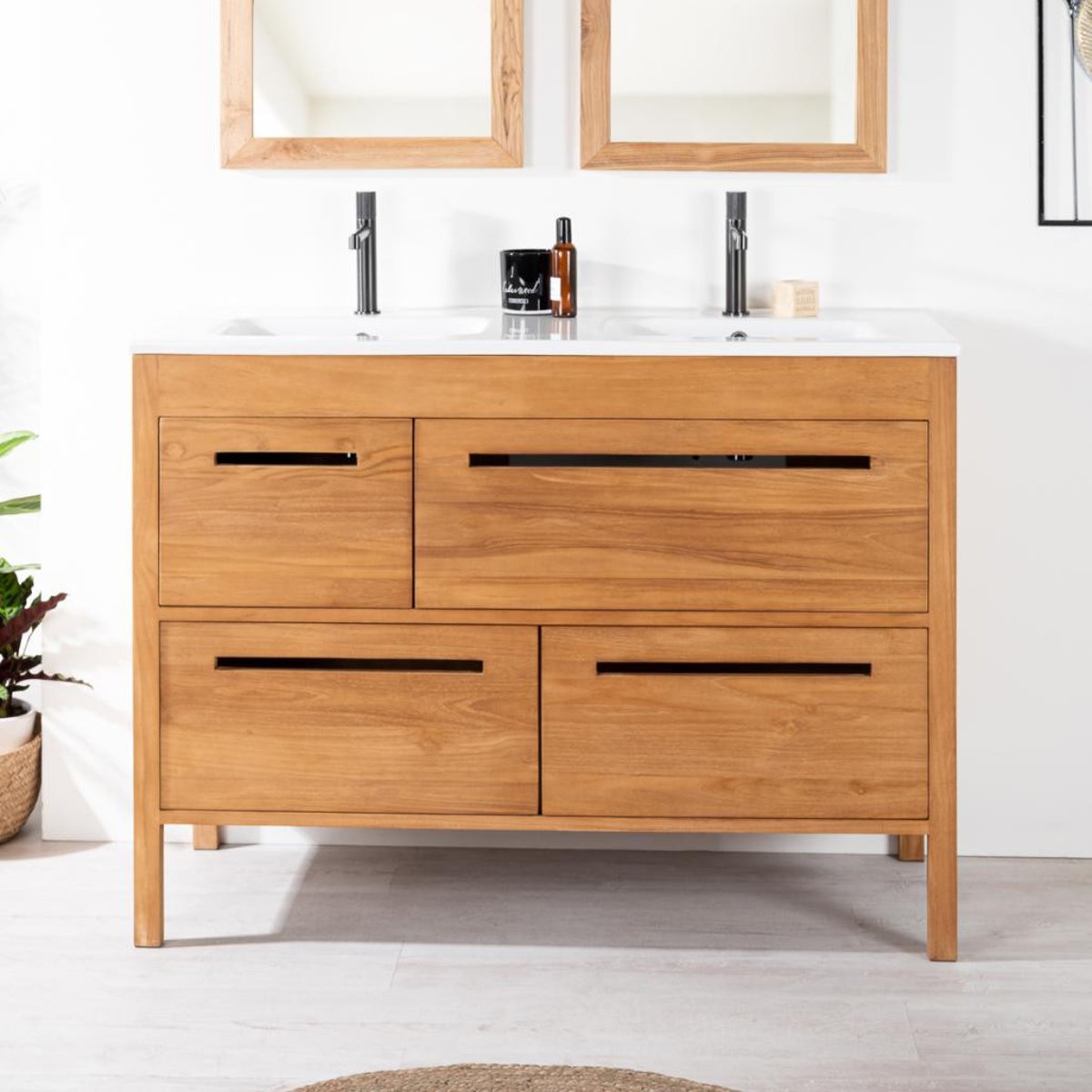 Meuble salle de bain en teck massif et céramique 120 cm SIRA crème, WANDA COLLECTION