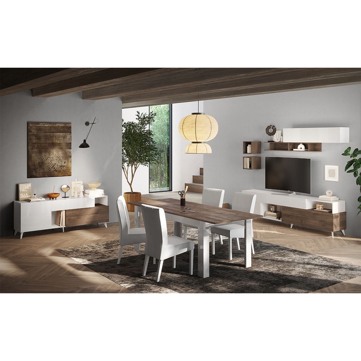 Meuble TV 2 portes, 1 tiroir et 2 niches L180 cm - MALA blanc laqué / bois foncé, CALICOSY