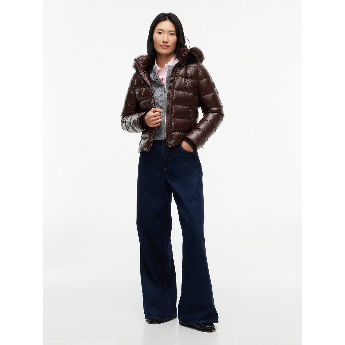 Doudoune courte à capuche et col duveteux chocolat, TOMMY HILFIGER
