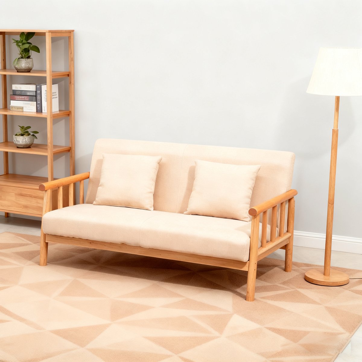 Canapé 2 places en tissu aspect lin avec 2 coussins et structure en bois style scandinave , APPLE beige, MEUBLES COSY