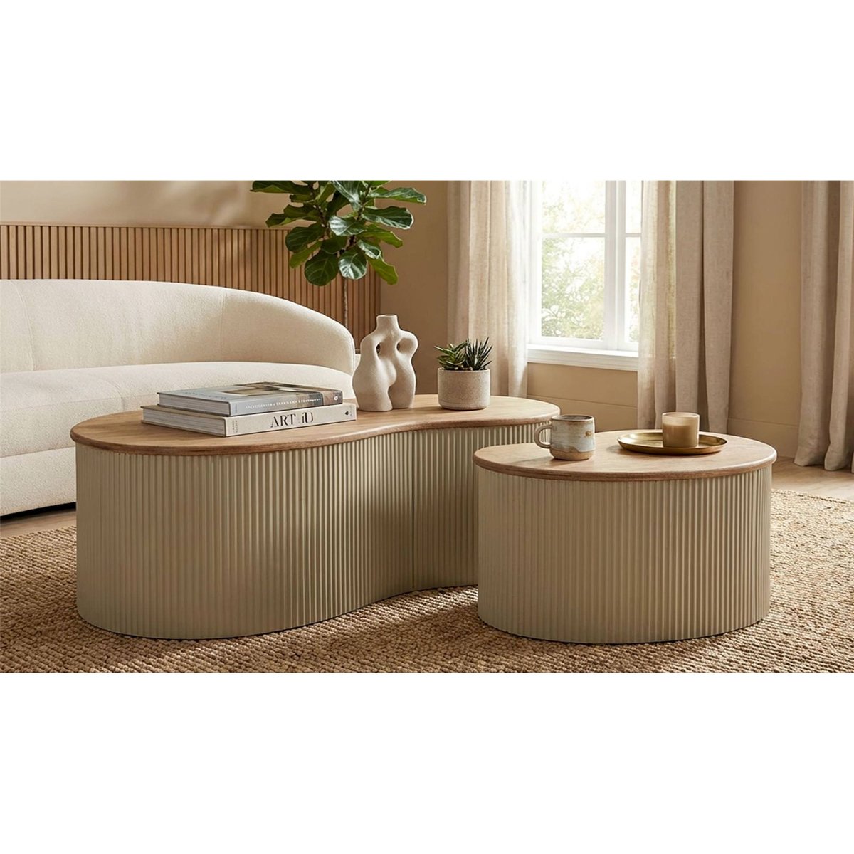 Tables basses gigognes bois d'hévéa et métal beige et bois clair, RECOLLECTION