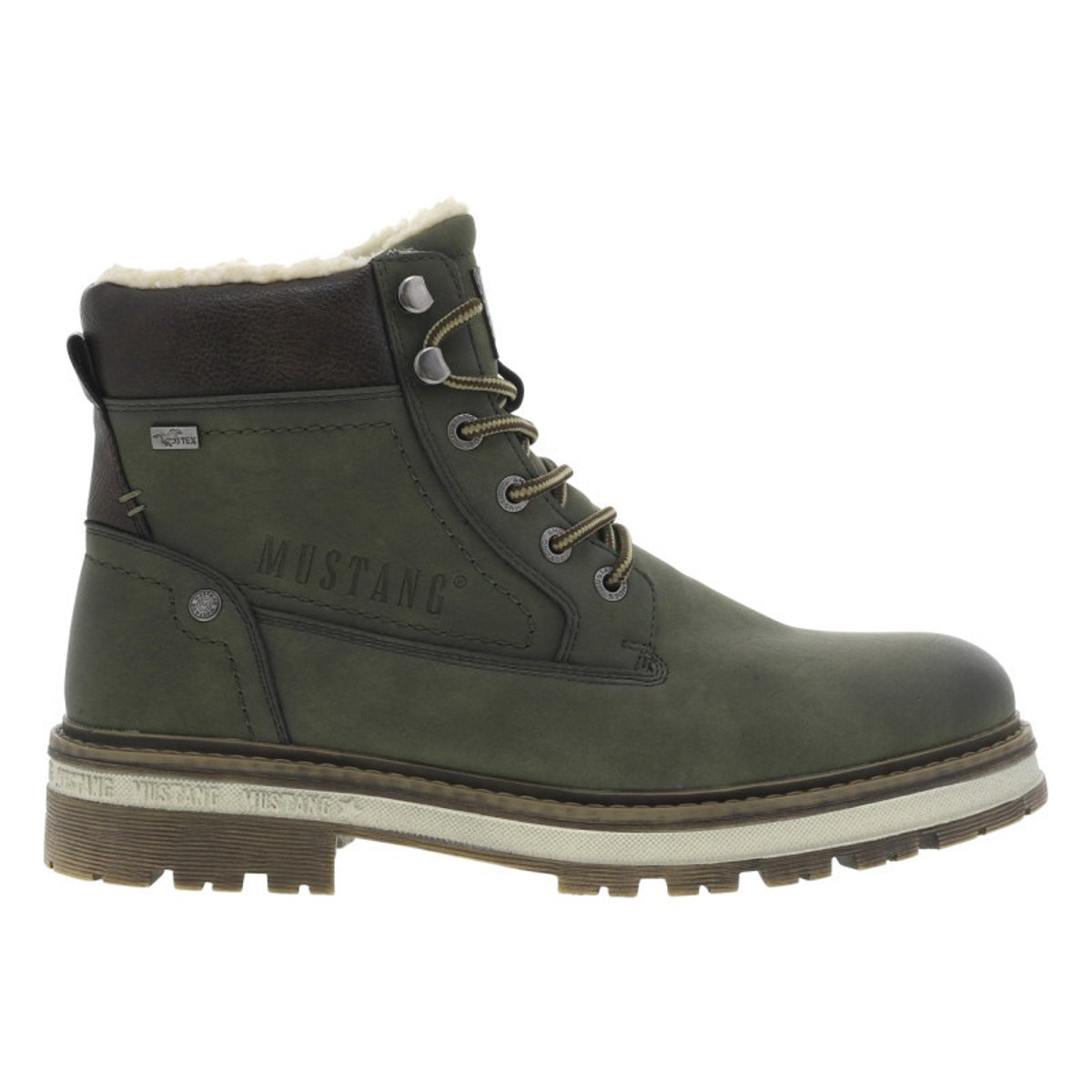 Bottines brunes à talon décroché bas avec une doublure en maille sherpa kaki, MUSTANG
