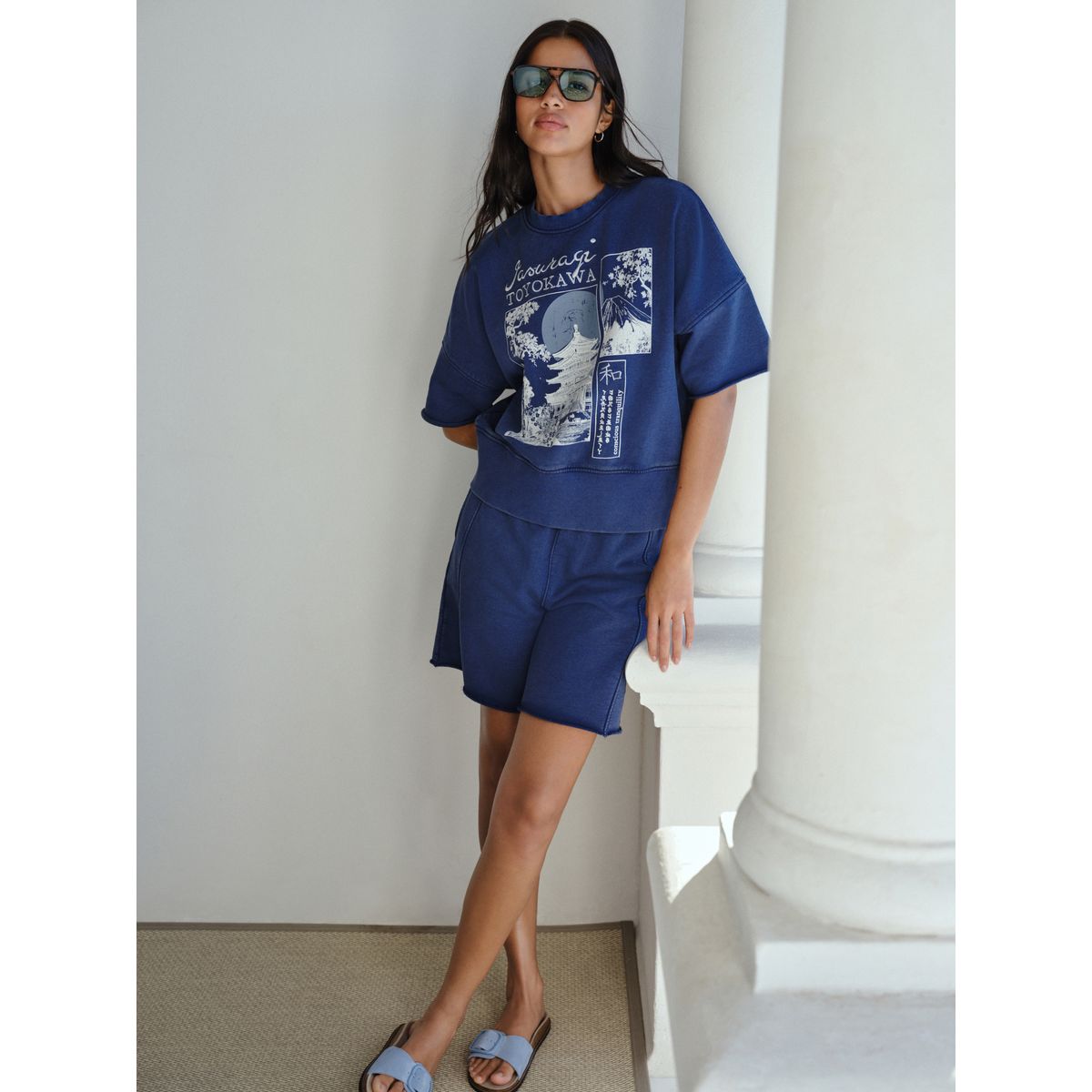 Sweat à motif délavé et manches courtes bleu indigo, NEXT