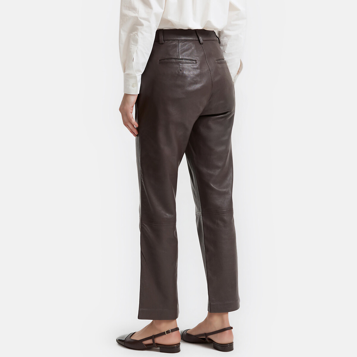 Pantalón de pernera recta de piel, largo 7/8 marrón, LA REDOUTE COLLECTIONS