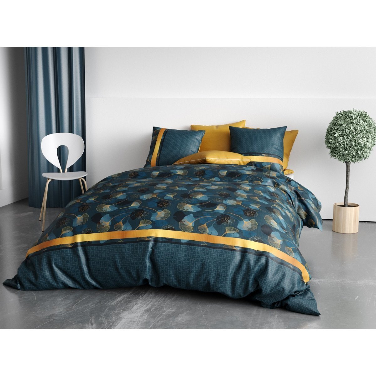 Parure de lit Feuilles Gincko bleu, EDEN