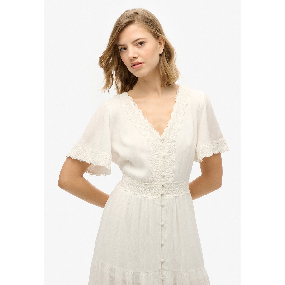 Robe mi-longue à manches courtes Ibiza ecru, SUPERDRY