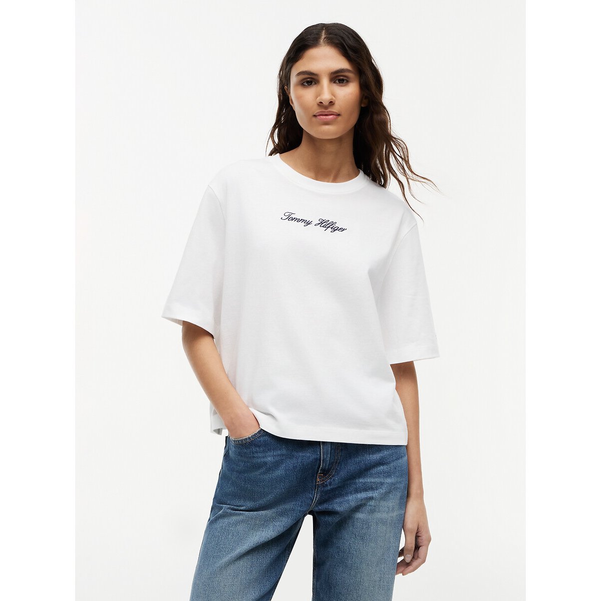 T-shirt trapèze col rond avec logo ecru, TOMMY HILFIGER