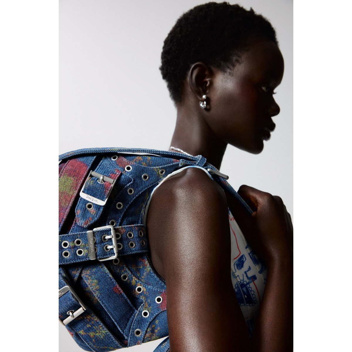 Sac en denim imprimé de taille moyenne multicolore, DESIGUAL