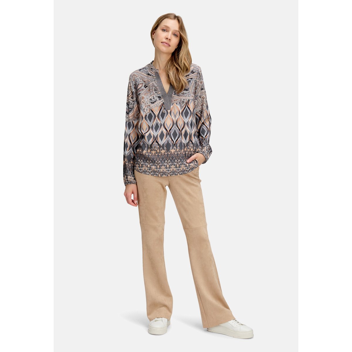 Chemisier long à col droit gris/beige, BETTY BARCLAY