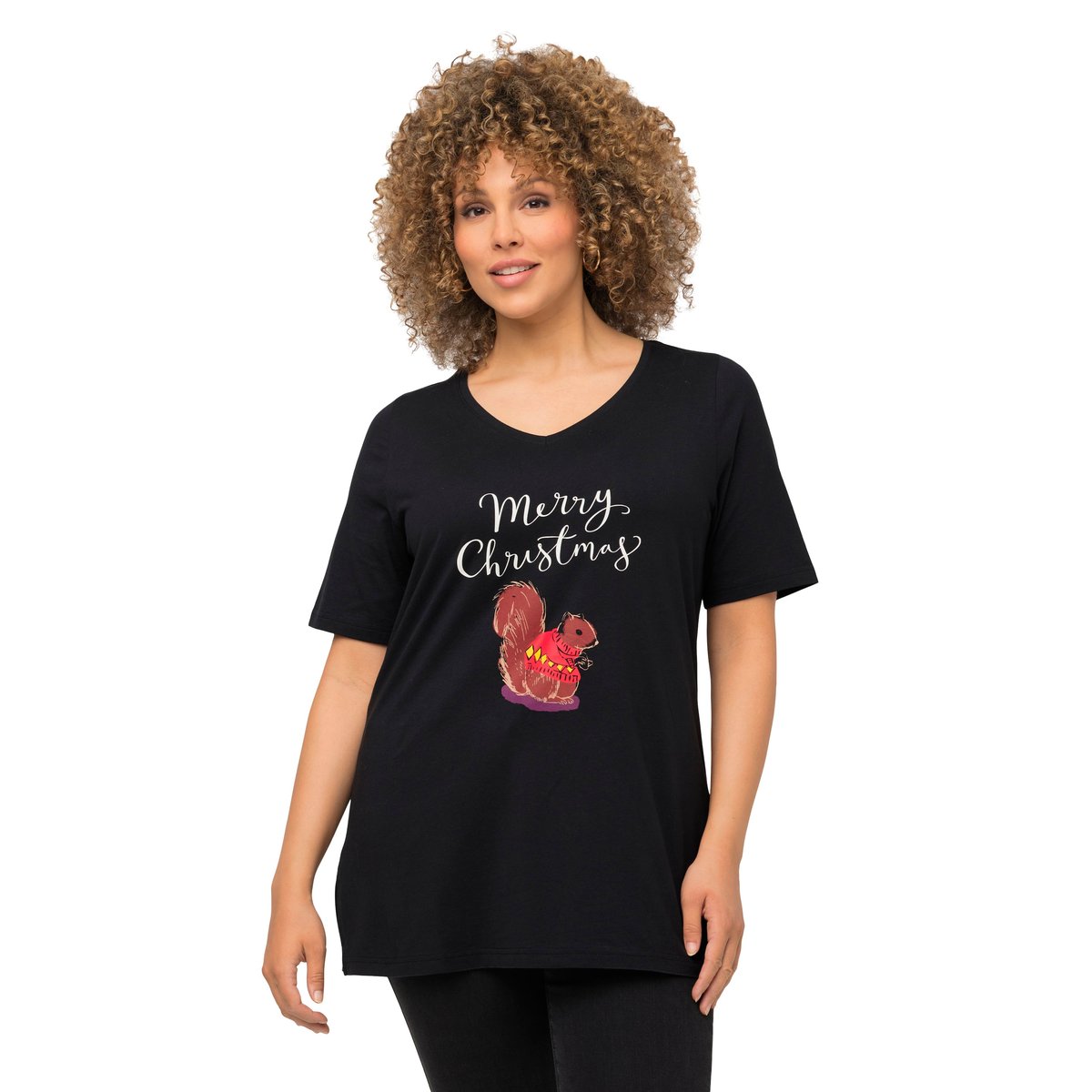 T-shirt de Noël à manches courtes et col V noir, ULLA POPKEN