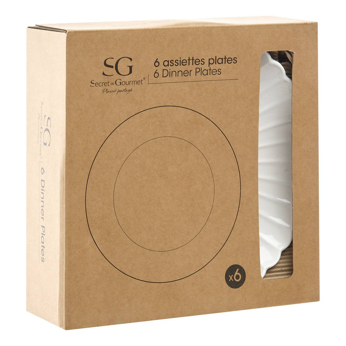 Lot de 6 assiettes plates en porcelaine ROMY blanc, SECRET DE GOURMET