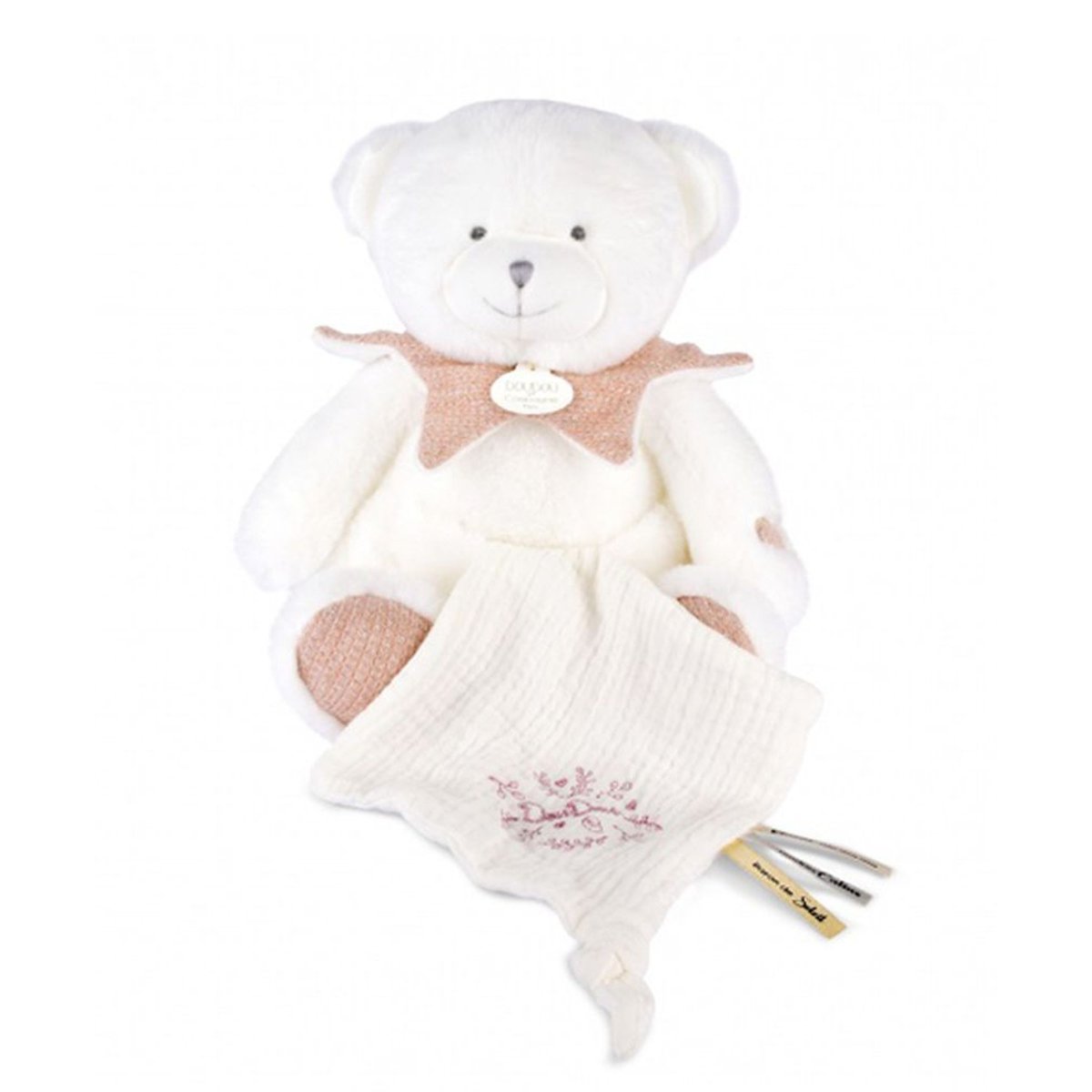 DOUDOU 25 ANS - OURS ROSE Pantin avec doudou mouchoir couleur unique, DOUDOU ET COMPAGNIE