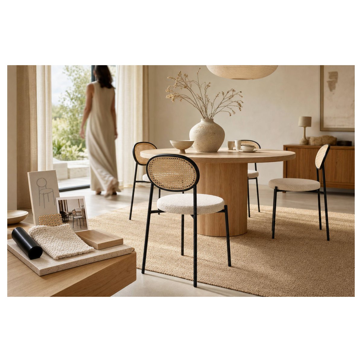 Chaise empilable en rotin tressé noir, naturel et blanc, RECOLLECTION