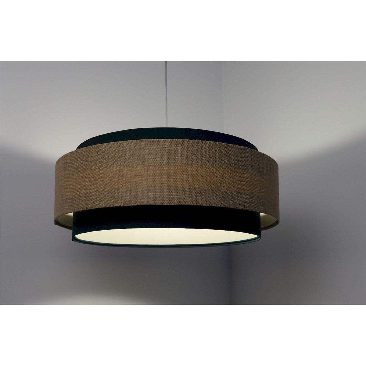 Suspension en tissu, DOBLO abat-jour en tissu satiné chanvre beige clair et pvc lisse vert bouteille intérieur crème, BPS KONCEPT