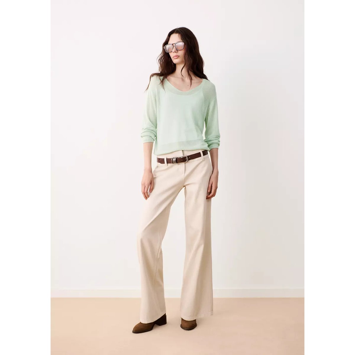 Pull-over maille fine col V vert menthe, MANGO TEEN