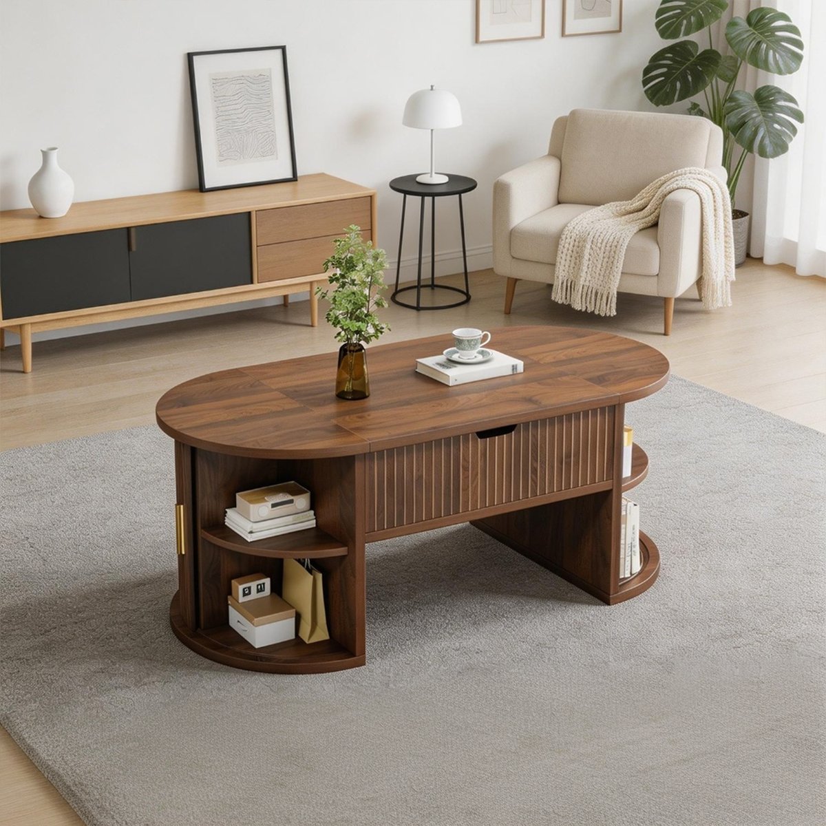 Table basse relevable ovale rangement, CHESTNUTB walnut, MEUBLES COSY
