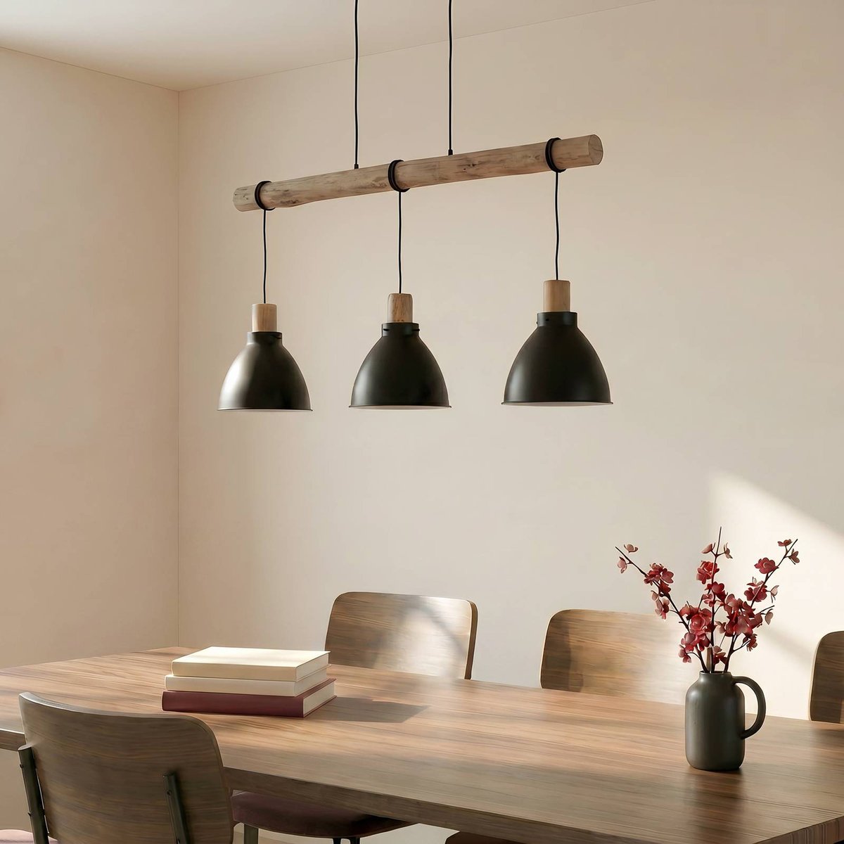 Suspension en métal scandinave, Trebale noir, bois clair, LINDBY