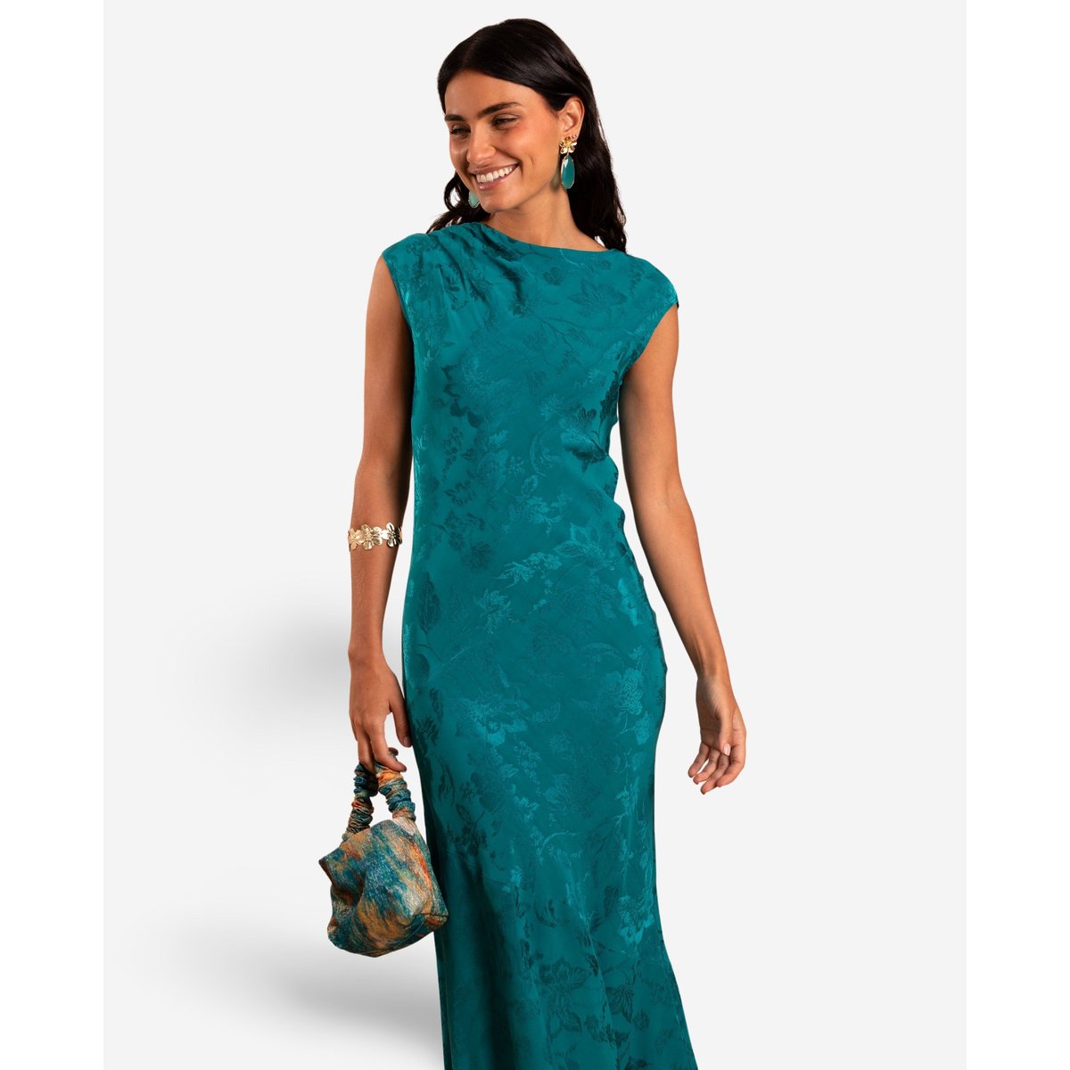 Robe longue verte avec drapé et jupe à volants VALENTINA bleu, THE-ARE